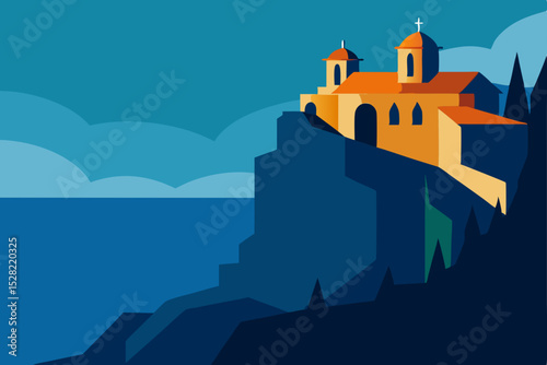 Vector illustration of an old European castle on a hill at night, with a church tower against the sky, perfect for travel and tourism