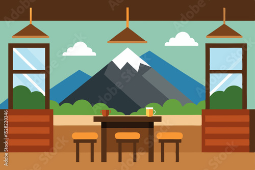 Vector cartoon illustration of a village landscape with a house, cafe, and trees under a summer sky