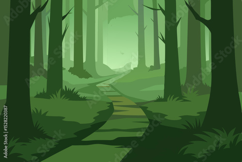 Misty morning light illuminates the green path through a bamboo forest, where trees and foliage blend into the woodland landscape
