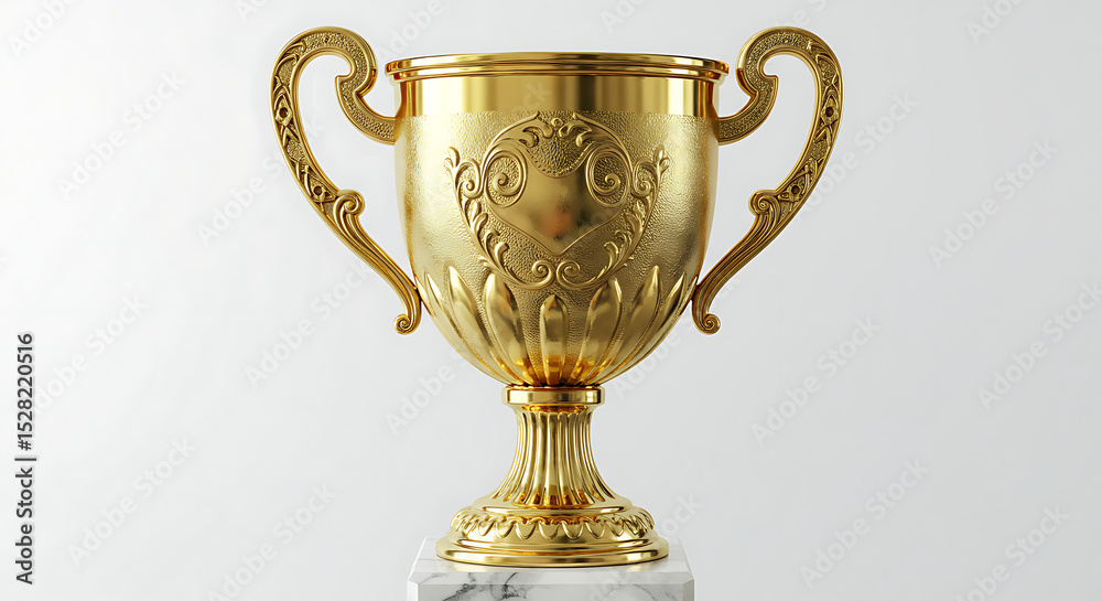 Fototapeta premium Ornate Golden Trophy Cup on White Marble Base