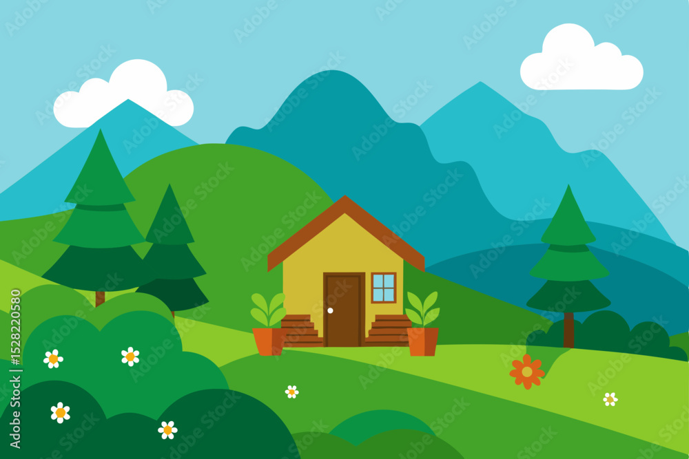 Naklejka premium Rural landscape illustration with a cartoon house, trees, and mountains under a summer sky