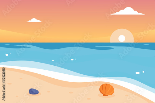 Beautiful tropical summer beach with blue sky, sun, and ocean waves