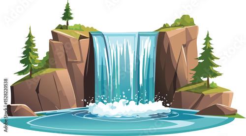 Cliffside Waterfall Flowing into a Pool – Scenic Natural Landscape Illustration