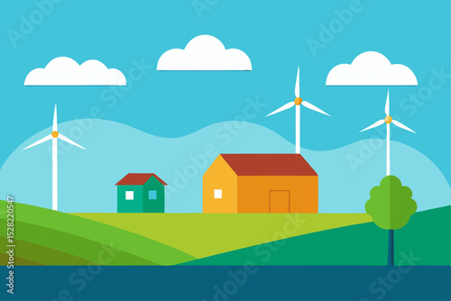 Vector cartoon illustration of a summer landscape with houses and trees