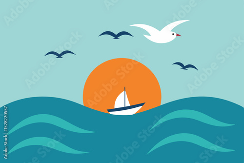 A vibrant cartoon illustration of a sailing boat on the blue ocean waves under a summer sky with a playful dolphin and fish