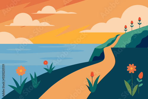 Here's a concise description combining your terms:

Summer landscape with flowers, ocean, and beach