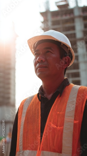 Asian Construction Worker Standing Amidst Scaffolding and Concrete Structure Site