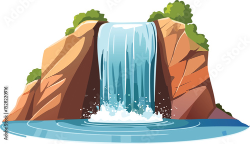 Cliffside Waterfall Flowing into a Pool – Scenic Natural Landscape Illustration
