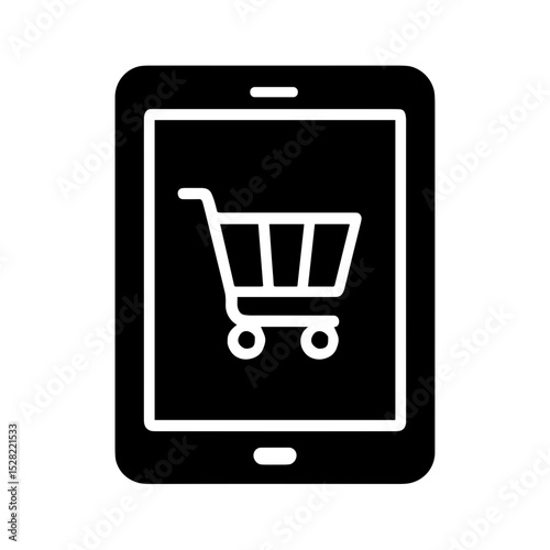 Tablet with shopping cart representing online ordering – solid black icon