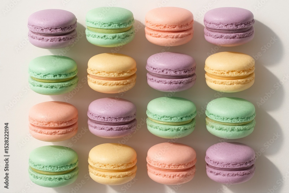 Obraz premium Arrangement of colorful macarons in pastel shades on a white surface