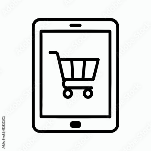 Tablet with shopping cart representing online ordering – outline icon
