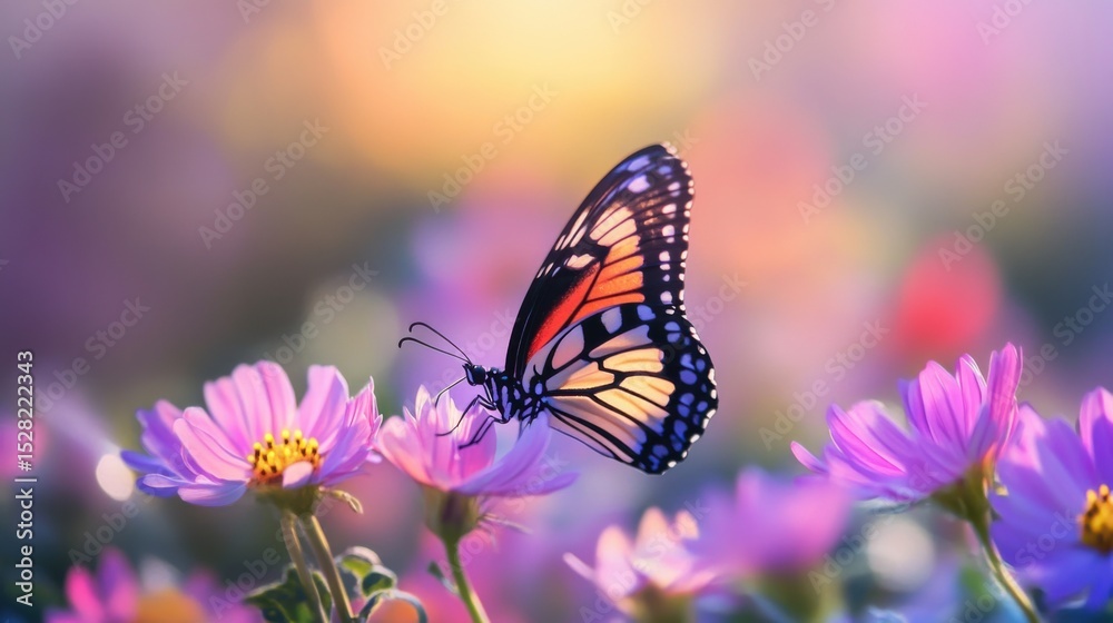 A Monarch butterfly gracefully lands on garden blooms, illustrating the harmony between insects and flowers amidst a dreamy, colorful backdrop, inviting a sense of peace and beauty. A Monarch butterfly gracefully lands on garden blooms, illustrating the harmony between insects and flowers amidst a dreamy, colorful backdrop, inviting a sense of peace and beauty.