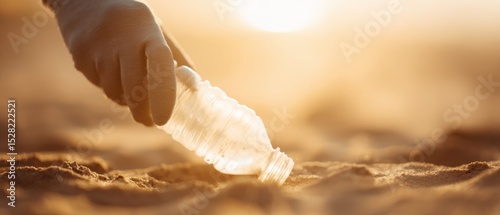 Gloved Hand Holding Plastic Bottle Above Sand Recycling Bag