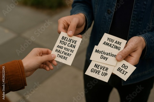 Hands exchanging cards with motivational quotes like believe you can and you're halfway there celebrating motivation day