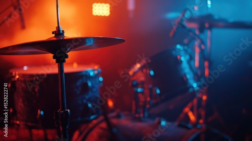 An up-close view of a drum set illuminated by dynamic stage lighting, capturing the energy and rhythm of live performances in a club or concert setting with rich colors.