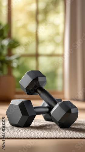 Matte black hexagonal dumbbells on surface