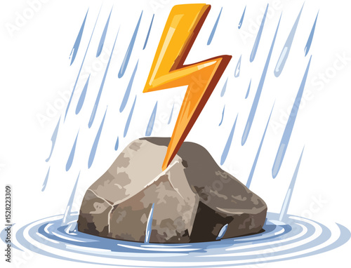 Lightning Bolt Striking a Rock in the Rain – Dramatic Storm and Nature Power Illustration