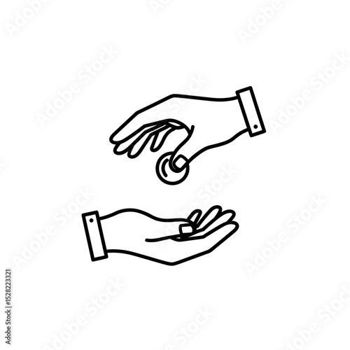 Giving and Receiving: Line Art Illustration of Hands Exchanging a Coin, Financial Transaction Concept with Minimalist Design Style for Investment and Donation