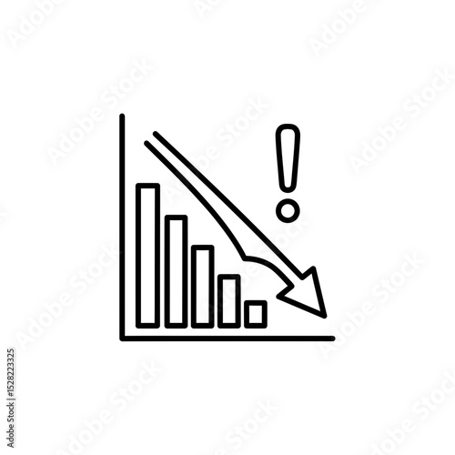 Decreasing Graph with Exclamation Mark: Business Downturn, Financial Crisis, Recession Warning, Loss Illustration, and Market Decline Alert.