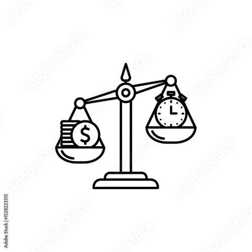 Time is money concept on scales, illustrating the importance of balancing time and financial resources in business, investment, and personal finance.