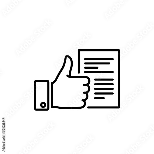 Document Approval Icon: Minimalist Hand Giving Thumbs Up to Paperwork. Vector Symbol for Business Agreement and Acceptance Isolated on White.