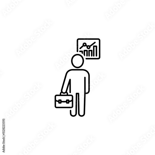 Business Person Outline Icon with Briefcase and Financial Chart, Minimalist Vector Illustration for Company Growth and Investment