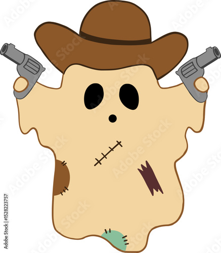 Cowboy ghost cartoon character with brown hat and two gray revolvers, spooky Halloween figure with stitched patches and black eyes, playful and eerie design