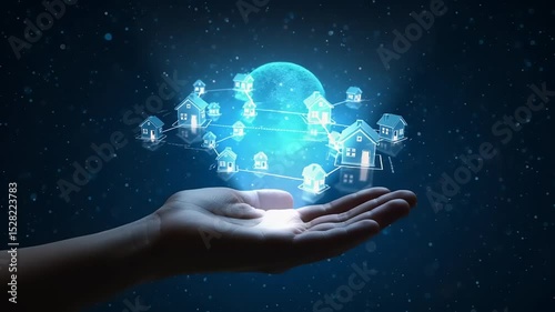 Digital real estate network concept with interconnected houses in a person's hand