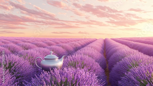 A silver teapot sits in a field of vibrant lavender at sunset.