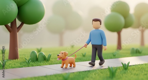 A Man Walking His Cute Dog in a Serene Park Setting: A 3D Rendered Illustration of a Peaceful Morning Stroll