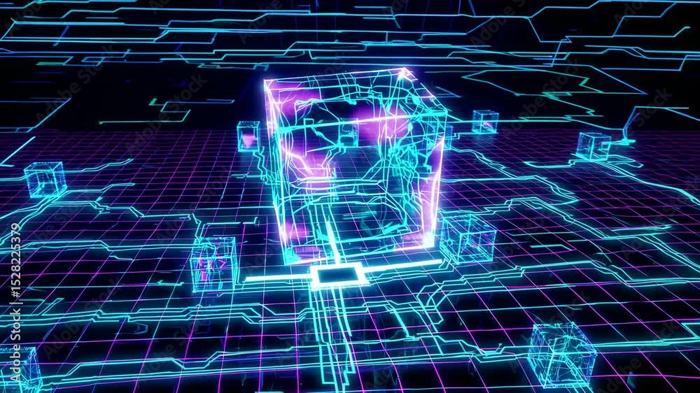 Futuristic 3D animation of neon glowing cube spinning in virtual grid environment with cyber structures, data flow and sci-fi technology elements, ideal for digital and blockchain concepts