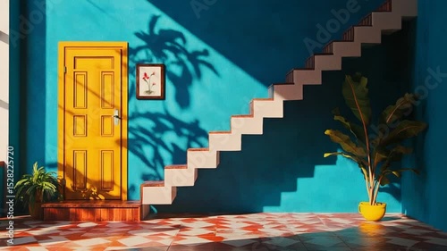 Vibrant interior scene featuring a yellow door, staircase, and potted plant against a blue wall