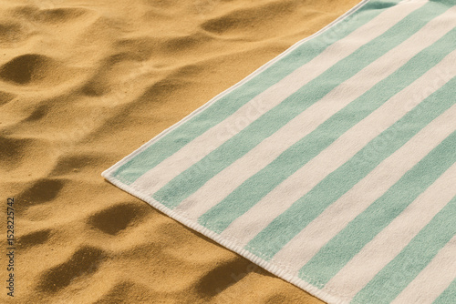 Turquoise and white striped towel lying on golden sand under bright sunlight, evoking a relaxed summer beach vibe
