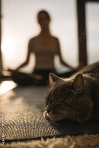 Calm Cat Resting Yoga Mat Next To Meditating Person Morning Light