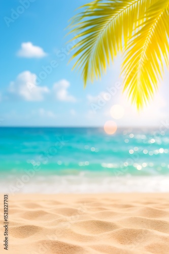 Serene Tropical Beach with Palm Frond – Relaxing Ocean Waves and Golden Sand