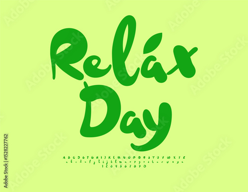 Vector Cute Card Relax Day. Trendy Green Font. Minimal Fashion Alphabet Letters and Numbers set.