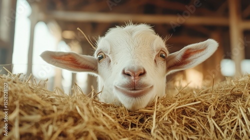 This charming image features a playful goat peeking out from a bed of straw, embodying the heartwarming essence of farm life in a cozy barn setting that evokes tranquility and cuteness.