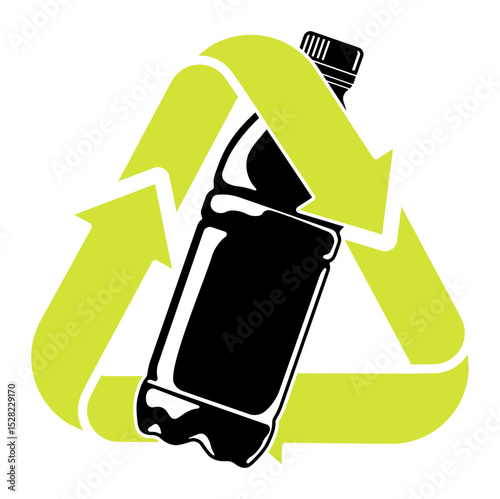 Bright plastic recycling icon with black bottle in green triangle without background. Symbol for waste sorting, eco-friendly packaging, and environmental awareness.