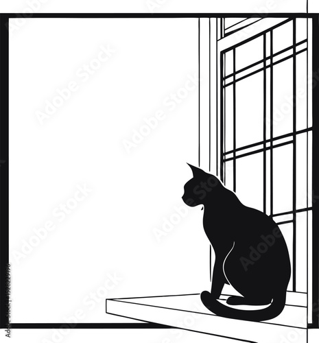 Silhouette of a cat sitting on a ledge with mosque minarets in the background, Adobe Illustrator Artwork