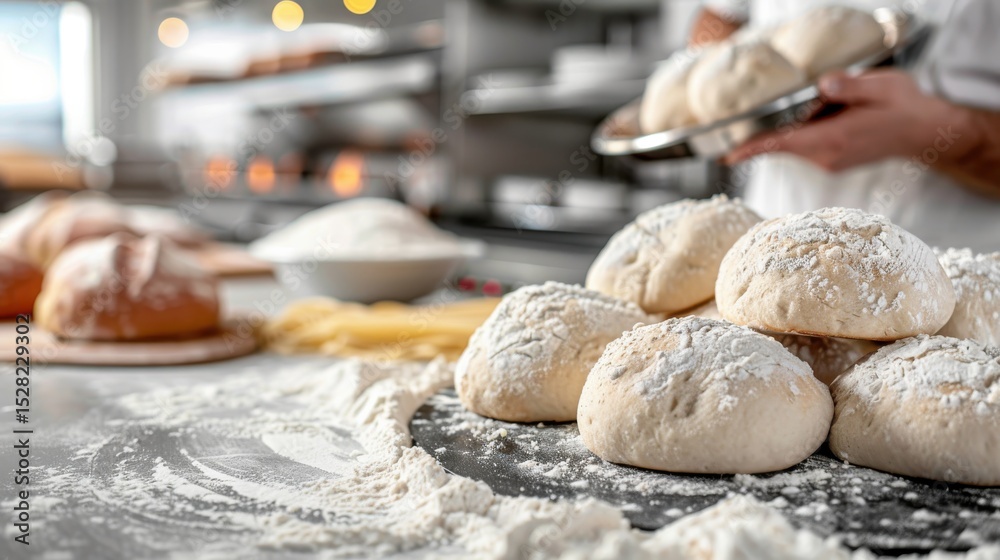 Obraz premium Freshly made bread rolls, dusted with flour and arranged on a kitchen countertop, symbolize warmth, comfort, and the joy of baking in a home-like atmosphere.
