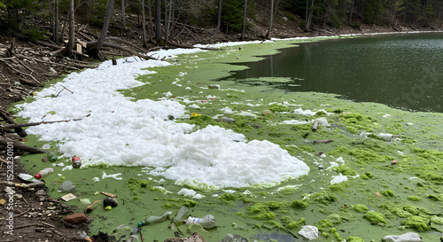 Environmental Pollution: Foam and Algae Infest Lake Shoreline with Debris