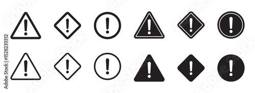 Alert icon. Warning sign and symbol. Exclamation mark in triangle, circle and rombus.