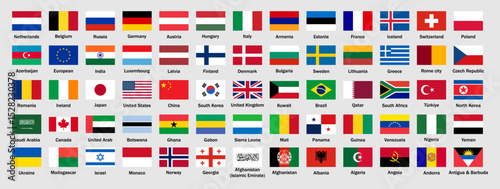 Collection of world national flags with country names. World country flags set. Rectangular national flags of different countries including USA, India, Japan, UK, China, and more. Vector illustration.