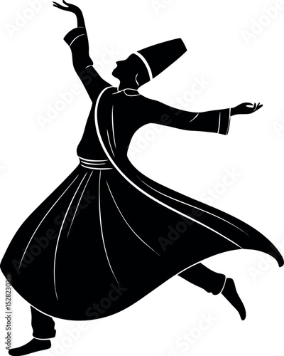  Silhouette of a Sufi whirling dervish in spinning motion, spiritual dance posture,