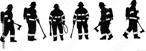Dynamic Silhouette Collection of Firefighters in Action, Versatile Emergency Response Poses for Safety and Rescue Design flat vector illustration