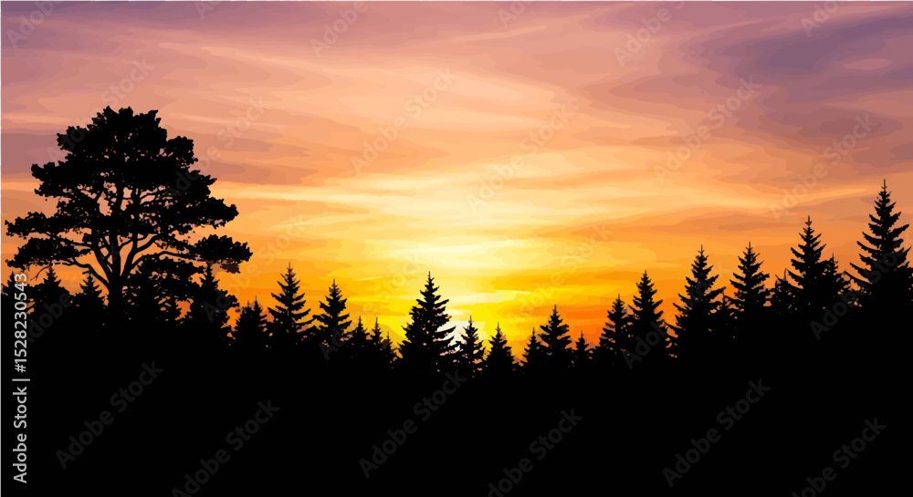 Fototapeta premium Sunset Landscape with Pine Tree Silhouette Vector Art 
