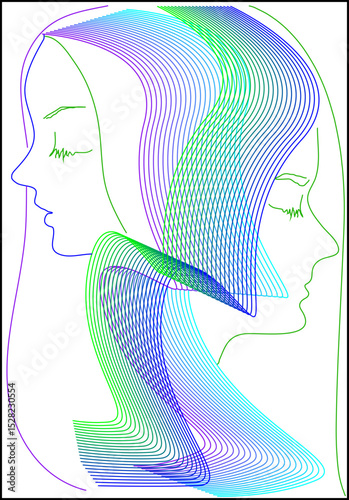 Elegant Gradient Line Art of Two Girls on White Background