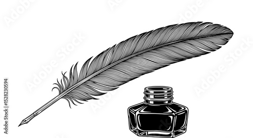 Vintage Quill Pen and Ink Bottle Drawing
