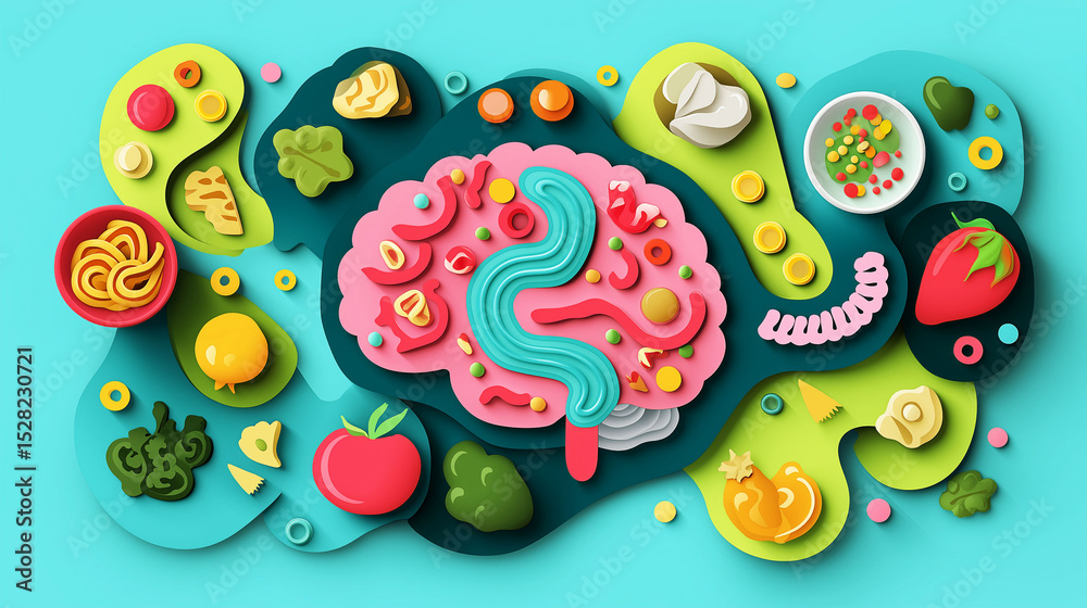 Naklejka premium Gut brain axis. Healthy foods promoting brain-gut connection for optimal wellness and nutrition.