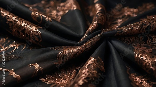 Black fabric with rose gold embroidered pattern